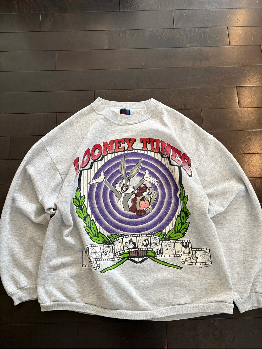 Vintage 90s Looney Tunes Graphic Sweatshirt - Grey with Purple & Red Logo